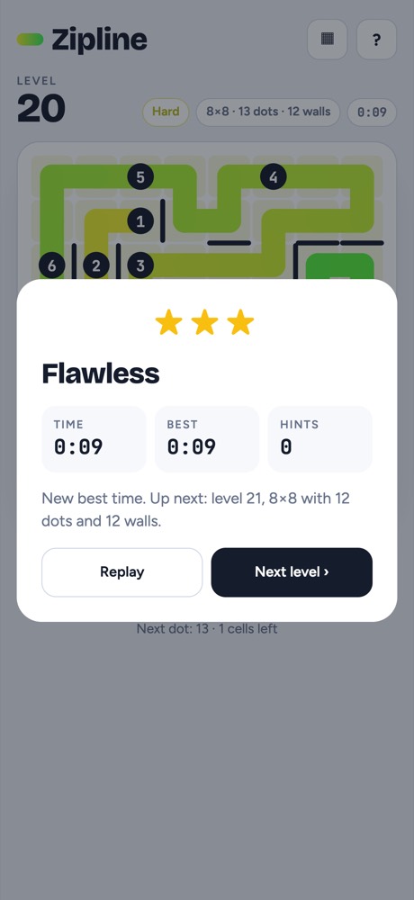 Level cleared sheet with three stars and a new best time